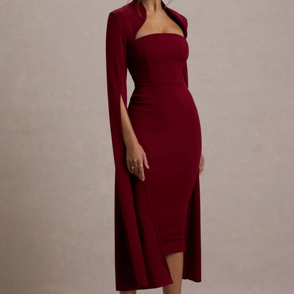 Berry Bodycon Cape-Sleeve Midi Dress - Picture 7 of 7